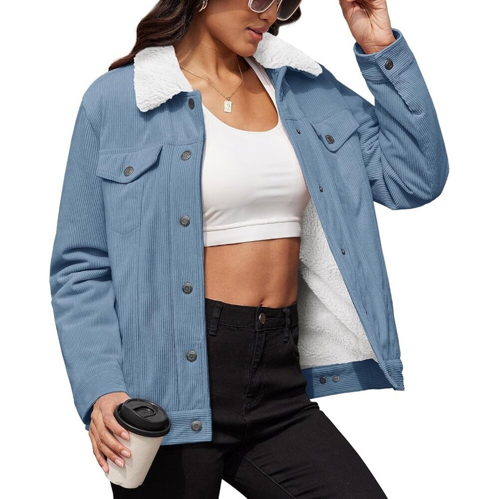 Women's Casual Blue Button Down Jacket Coat Fleece Lined Winter Warm Pockets